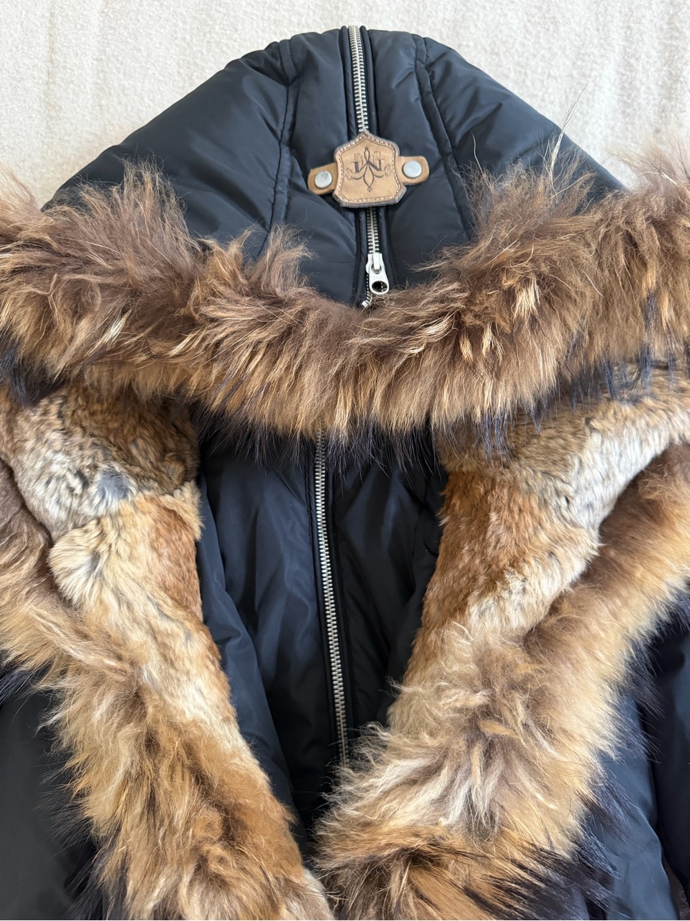 Black Long Puffer Coat with Faux Fur Trim